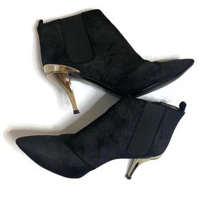 Lanvin Ankle Boot Leather Black Gold Heels Size 38.5 EU Bottine
